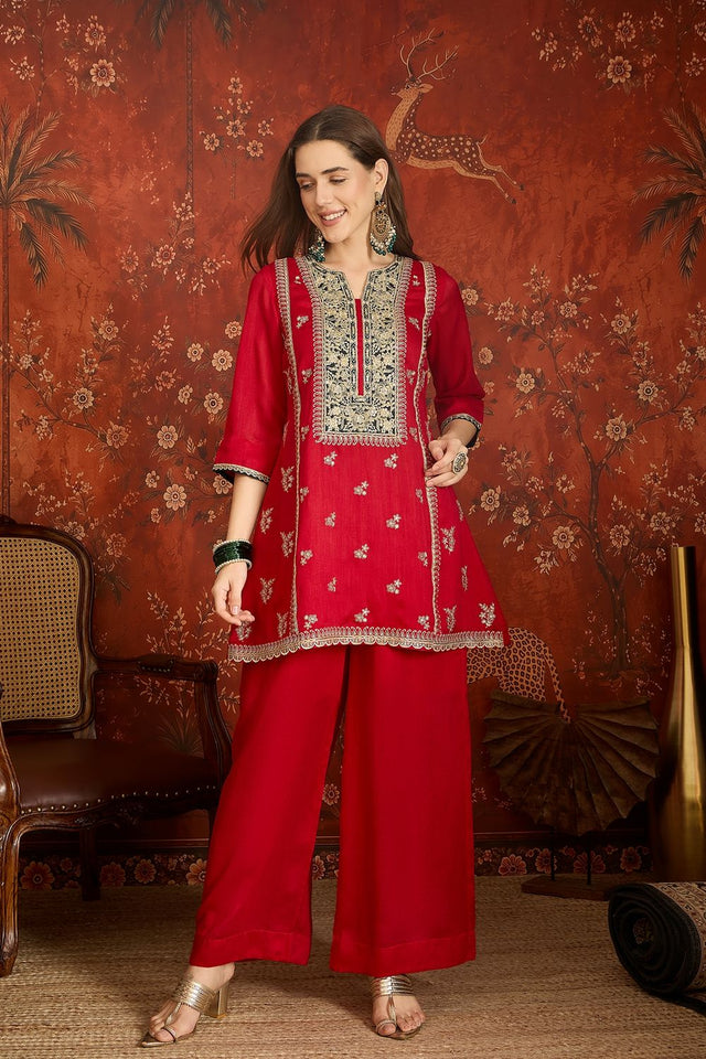 Red Floral Embroidered Silk Palazzo Suit (ACB1714)