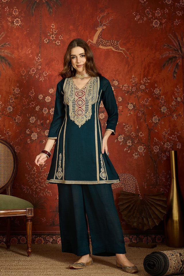 Turquoise Floral Embroidered Silk Palazzo Suit (ACB1716)