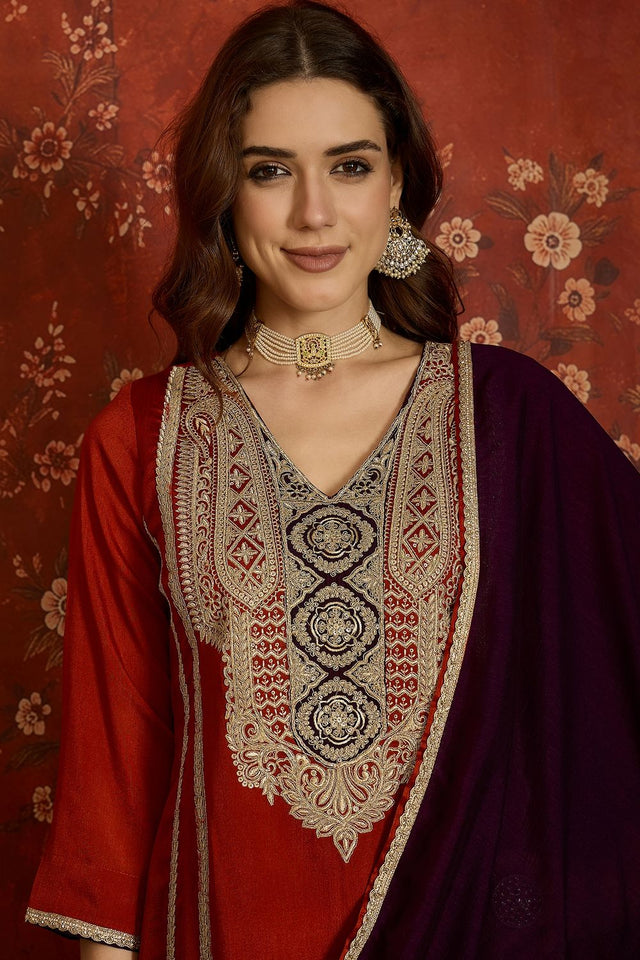Rust Floral Embroidered Silk Palazzo Suit (ACB1717)