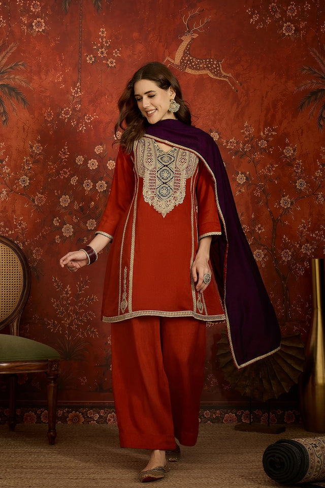 Rust Floral Embroidered Silk Palazzo Suit (ACB1717)