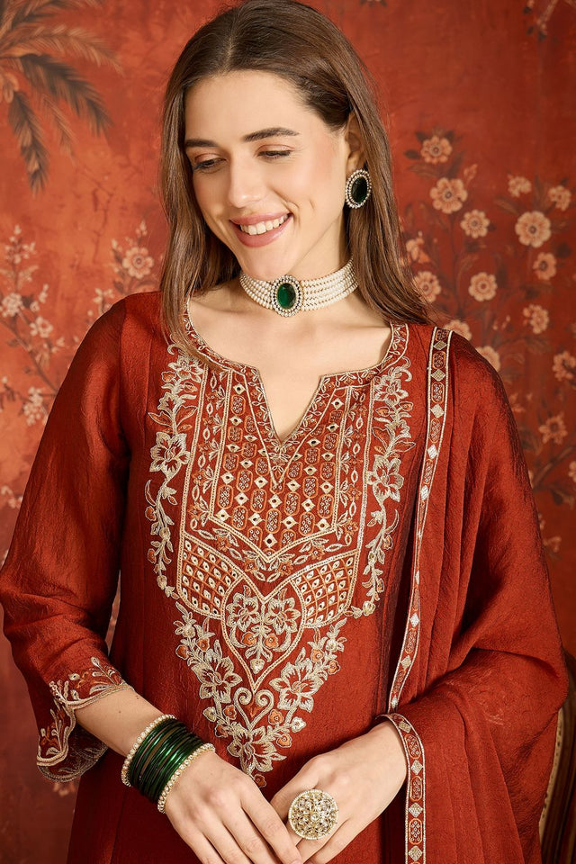 Rust Floral Embroidered Silk Palazzo Suit (ACB1718)