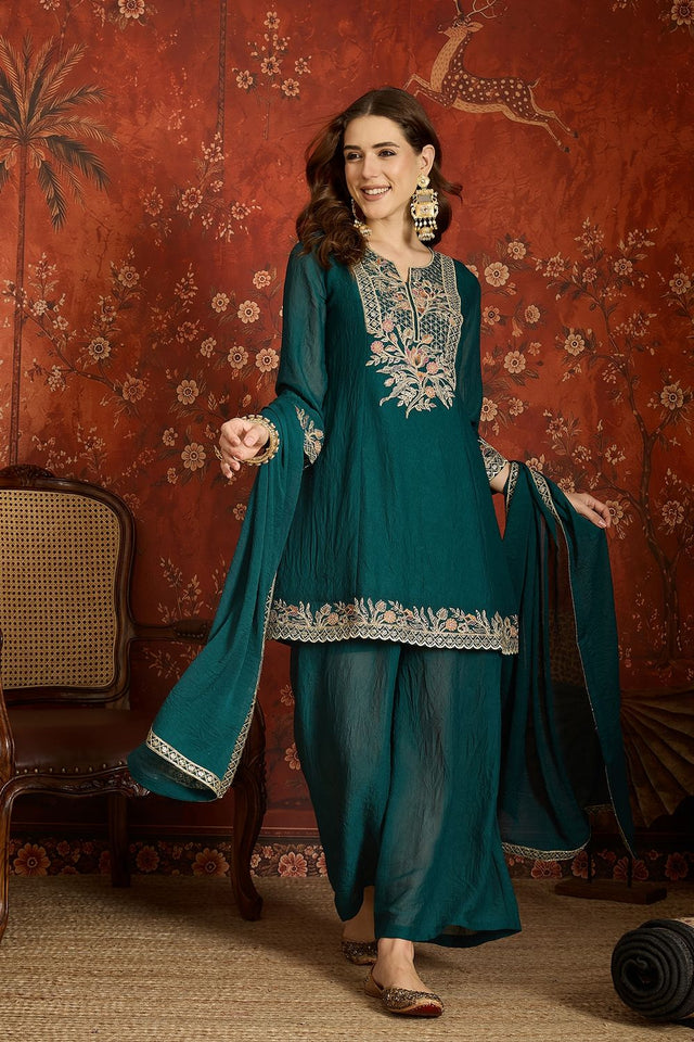 Turquoise Floral Embroidered Silk Palazzo Suit (ACB1720)