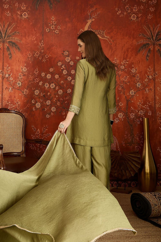 Green Mirror Sequin with Embroidered Silk Palazzo Suit (ACB1723)