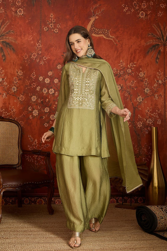 Green Mirror Sequin with Embroidered Silk Palazzo Suit (ACB1723)