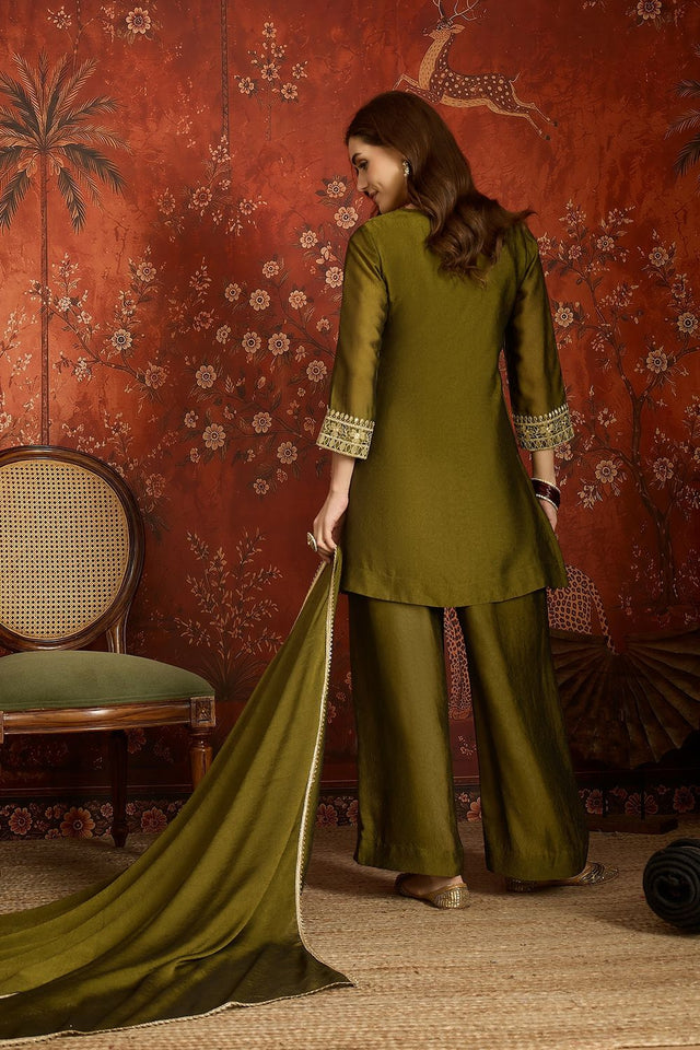 Green Mirror Sequin with Embroidered Silk Palazzo Suit (ACB1726)