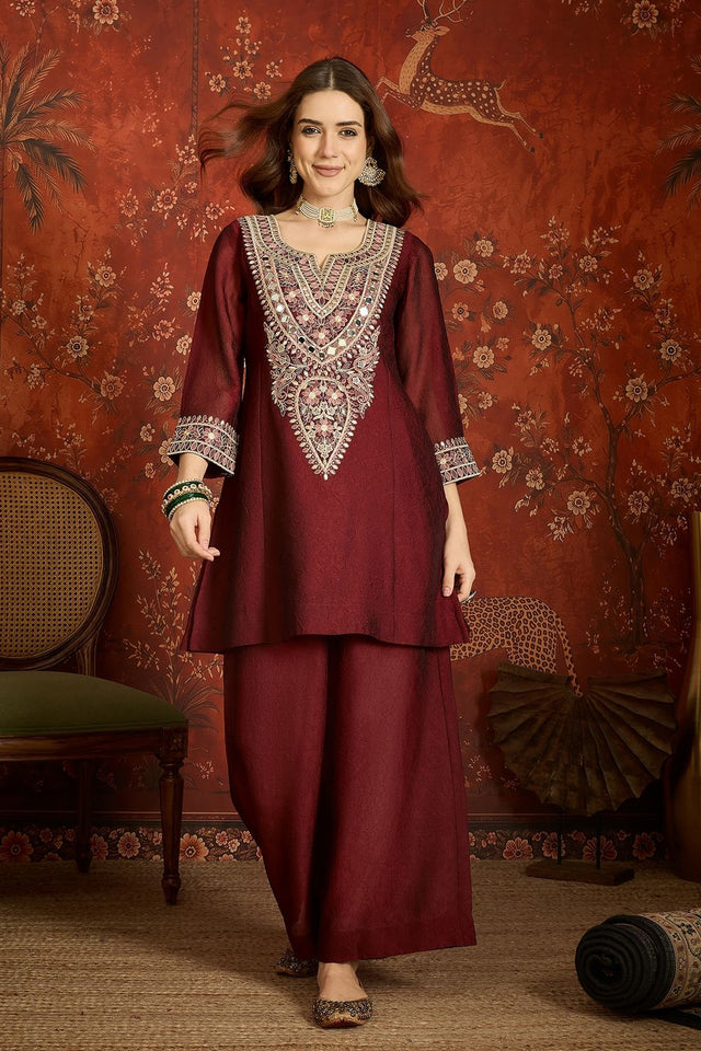 Maroon Mirror Sequin with Embroidered Silk Palazzo Suit (ACB1727)