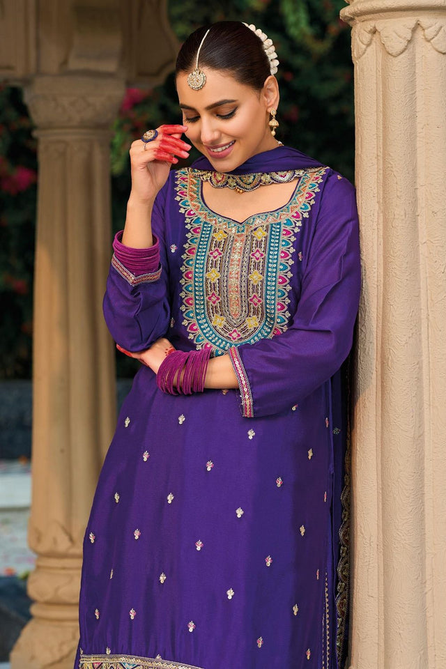 Purple Embroidered Chinon Sharara Suit (ACB1729)