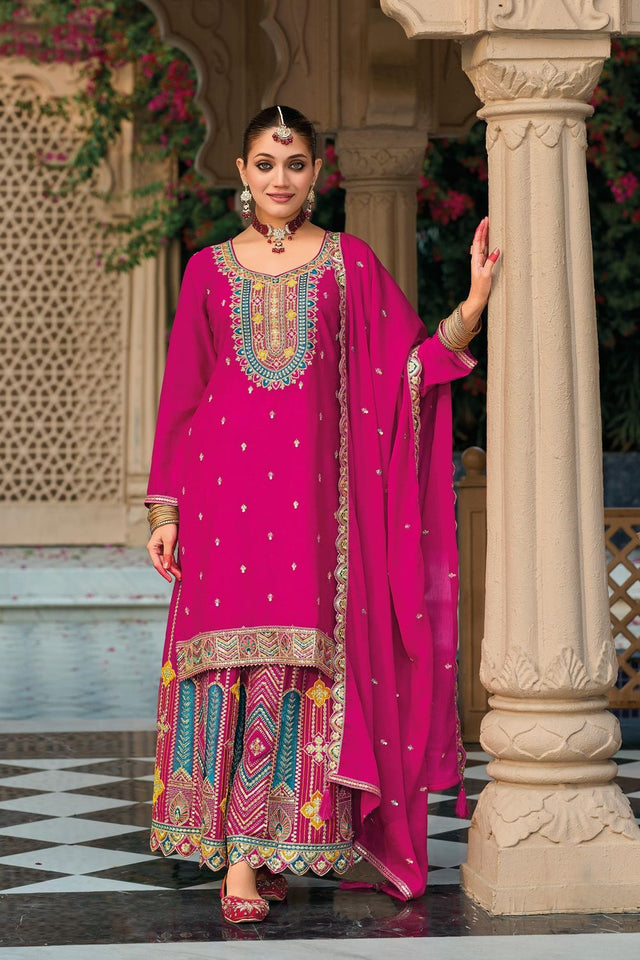 Pink Embroidered Chinon Sharara Suit (ACB1730)