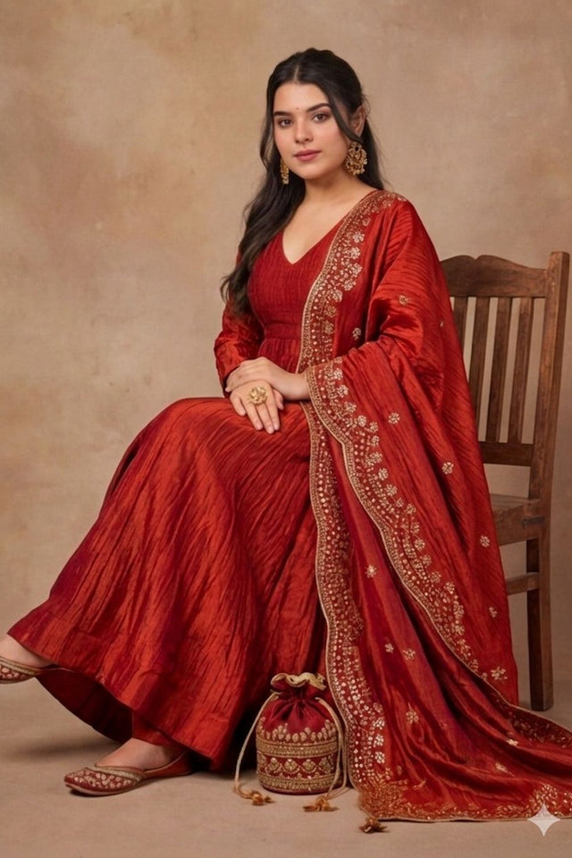 Rust Solid Cotton Blend Anarkali Suit (ACB1748)