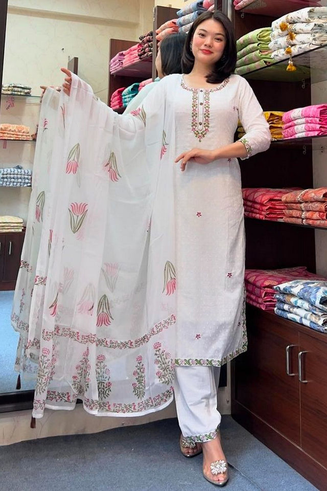 Off White Embroidered Georgette Straight Cut Suit (ACB1750)