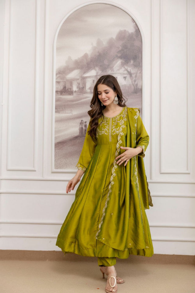 Mehendi Embroidered Silk Anarkali Suit (ACB1751)