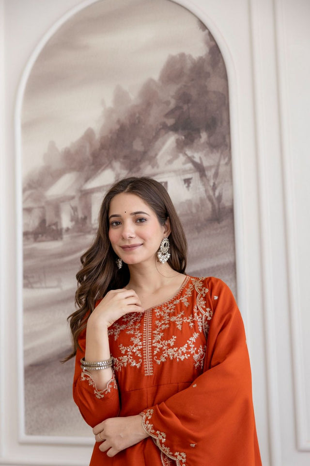Rust Embroidered Silk Anarkali Suit (ACB1752)