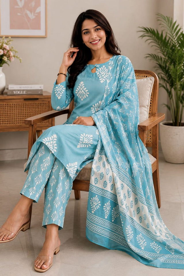 Blue Printed Rayon Straight Cut Suit (ACB1756)