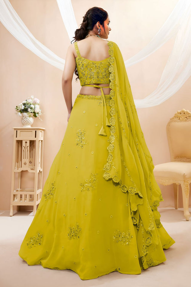 Yellow Sequin with Floral Embroidered Georgette Lehenga (ACB1773)
