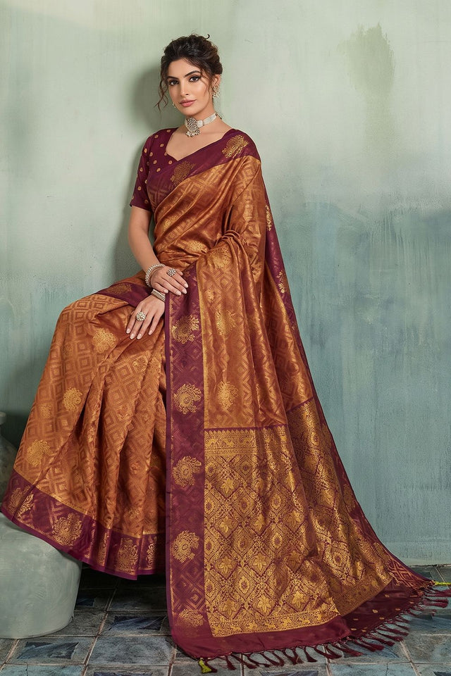 Rust Woven Silk Saree (ACB1797)