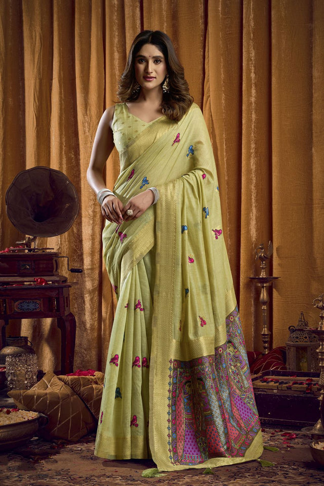 Green Woven Cotton Saree (ACB1806)