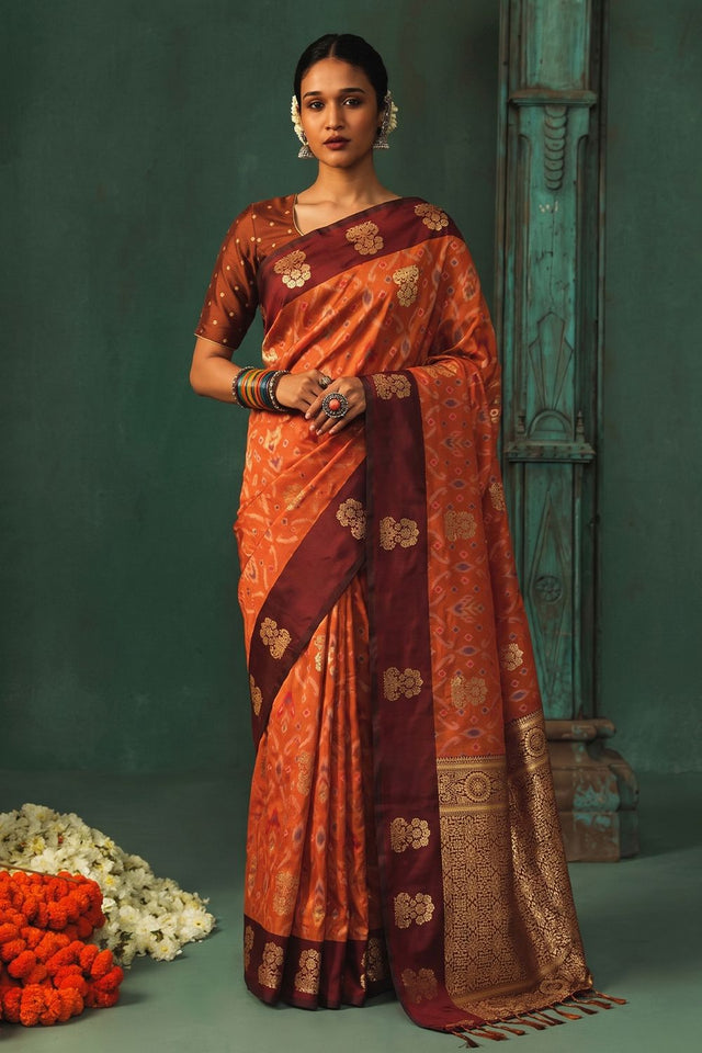 Orange Woven Silk Saree (ACB1823)