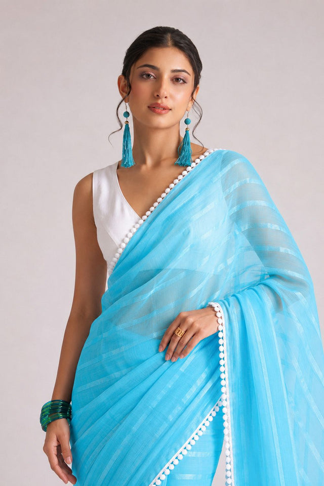 Blue Woven with Lace Border Chiffon Ready to Wear Saree (ACB1826)