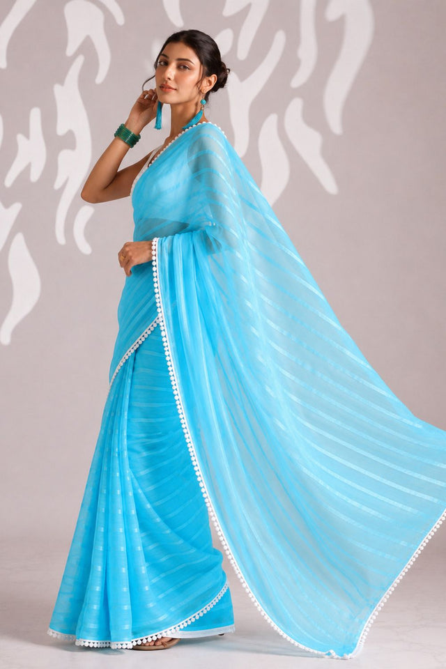 Blue Woven with Lace Border Chiffon Ready to Wear Saree (ACB1826)