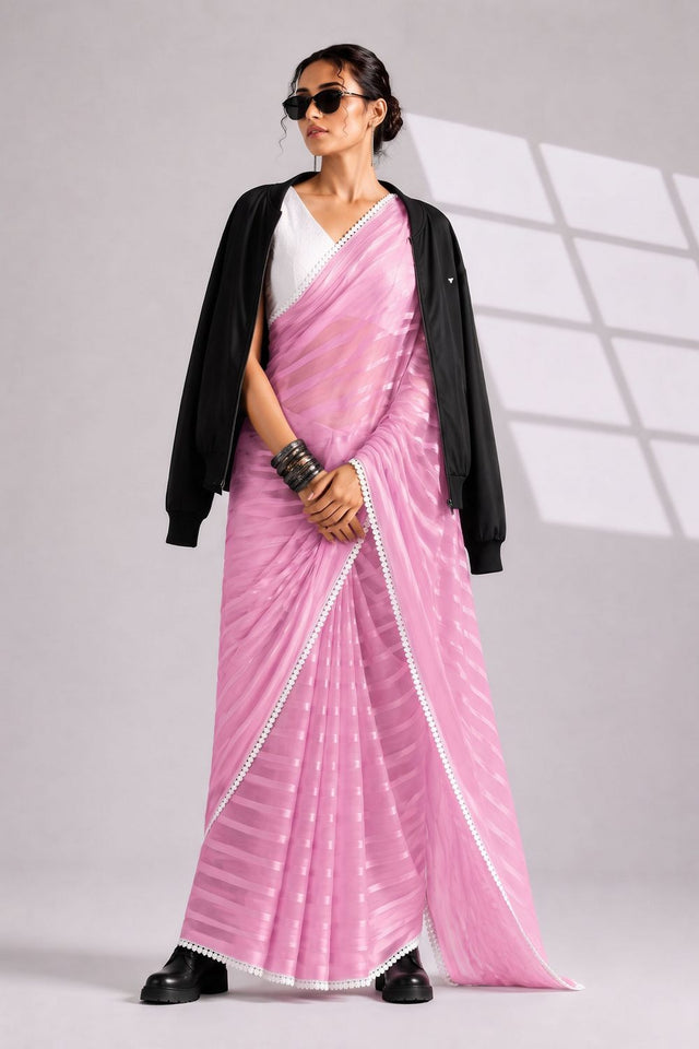 Pink Woven with Lace Border Chiffon Ready to Wear Saree (ACB1827)