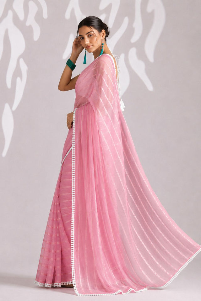 Peach Woven with Lace Border Chiffon Ready to Wear Saree (ACB1829)