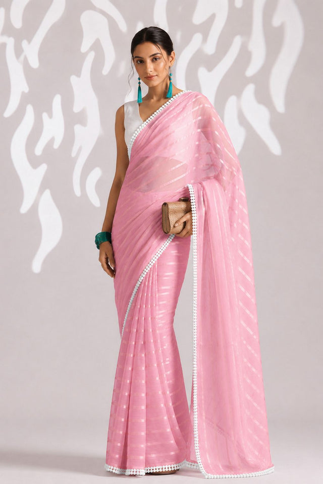 Peach Woven with Lace Border Chiffon Ready to Wear Saree (ACB1829)