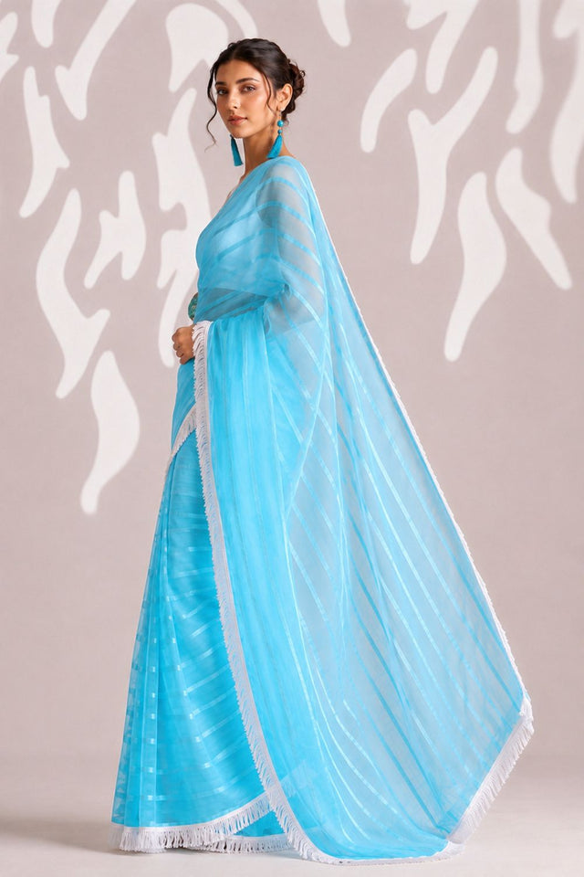 Blue Woven with Lace Border Chiffon Ready to Wear Saree (ACB1830)