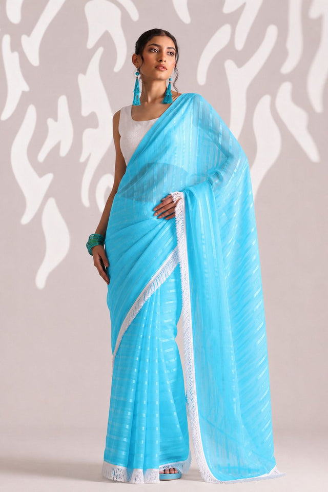 Blue Woven with Lace Border Chiffon Ready to Wear Saree (ACB1830)