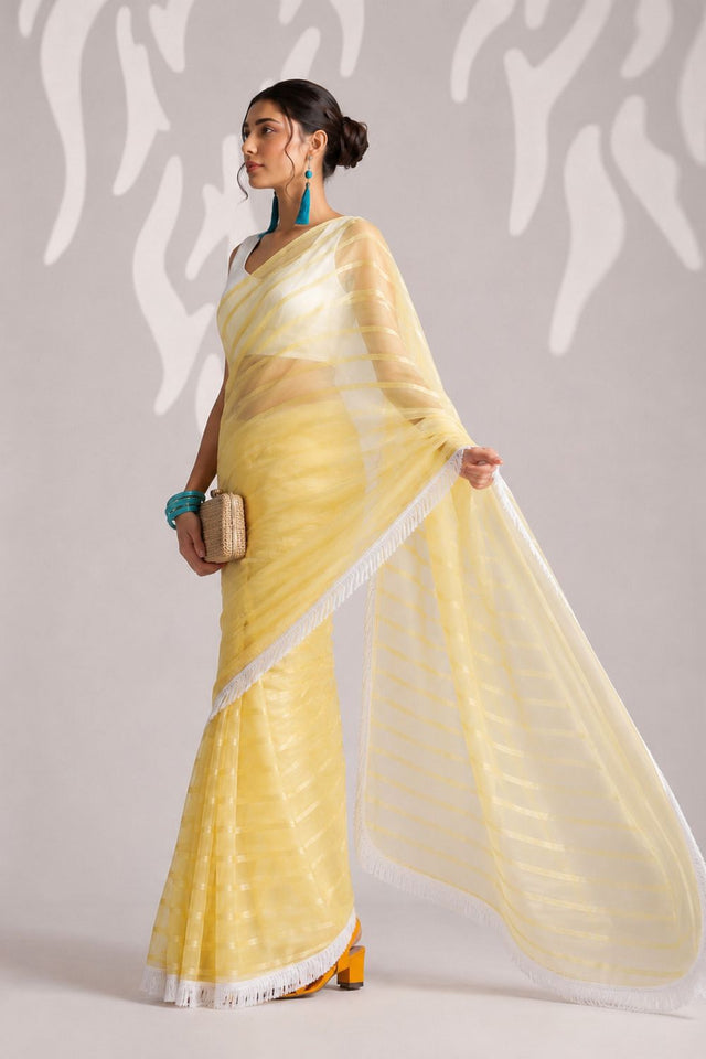 Yellow Woven with Lace Border Chiffon Ready to Wear Saree (ACB1831)