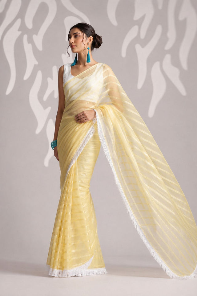 Yellow Woven with Lace Border Chiffon Ready to Wear Saree (ACB1831)