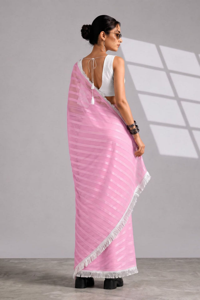 Pink Woven with Lace Border Chiffon Ready to Wear Saree (ACB1832)