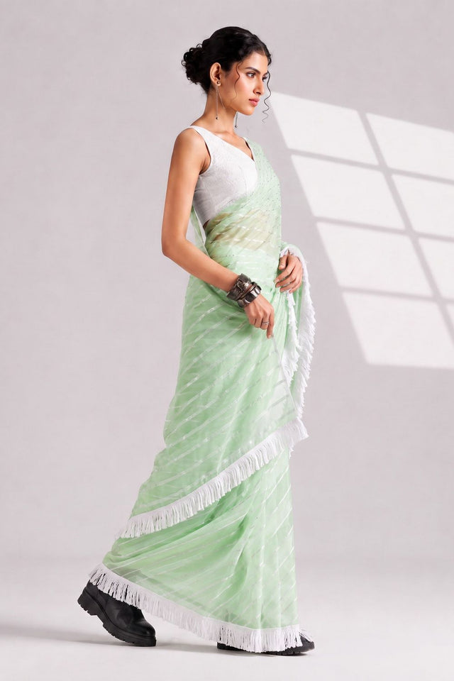 Green Woven with Lace Border Chiffon Ready to Wear Saree (ACB1833)