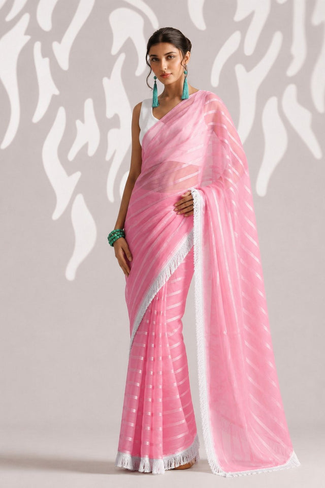 Peach Woven with Lace Border Chiffon Ready to Wear Saree (ACB1834)