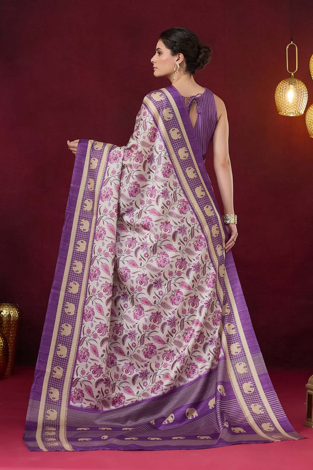 Violet Floral Printed Art Silk Ready to Wear Saree (ACB1835)