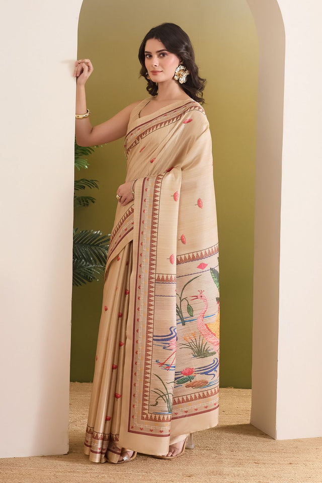Cream Printed Silk Blend Ready to Wear Saree (ACB1837)