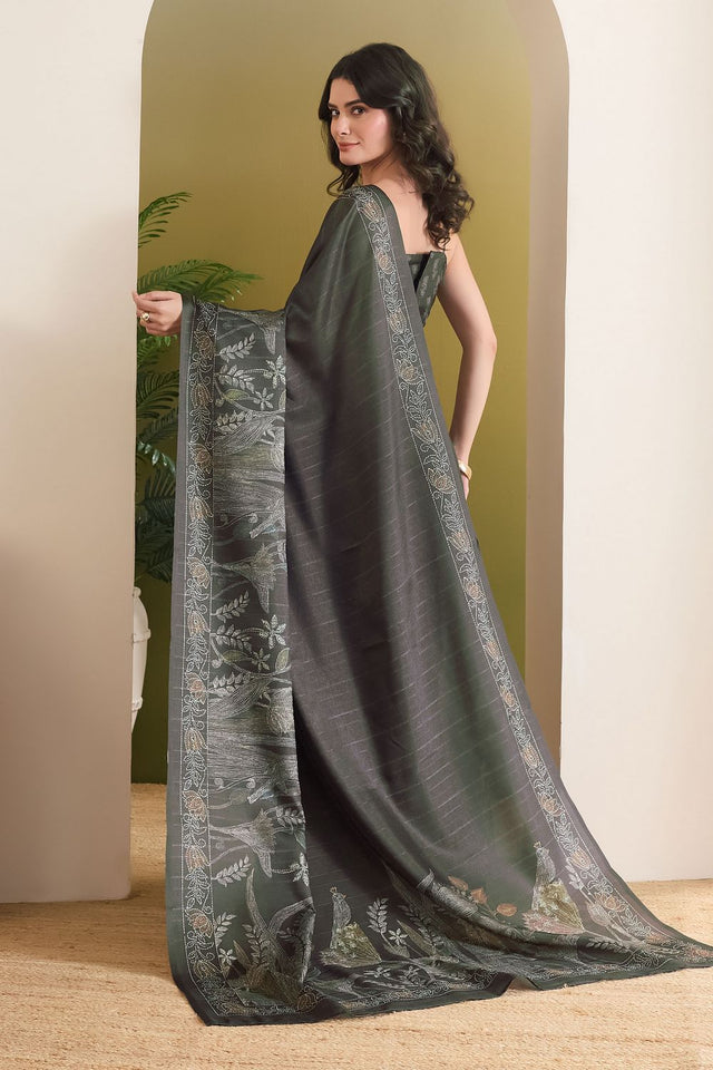 Dark Green Printed Art Silk Ready to Wear Saree (ACB1838)