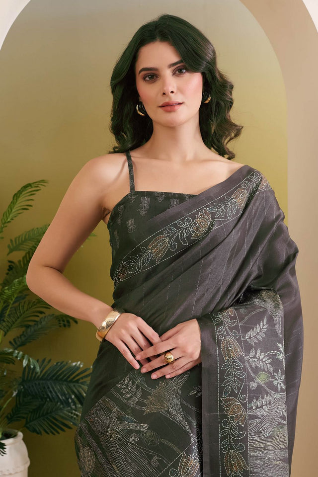 Dark Green Printed Art Silk Ready to Wear Saree (ACB1838)