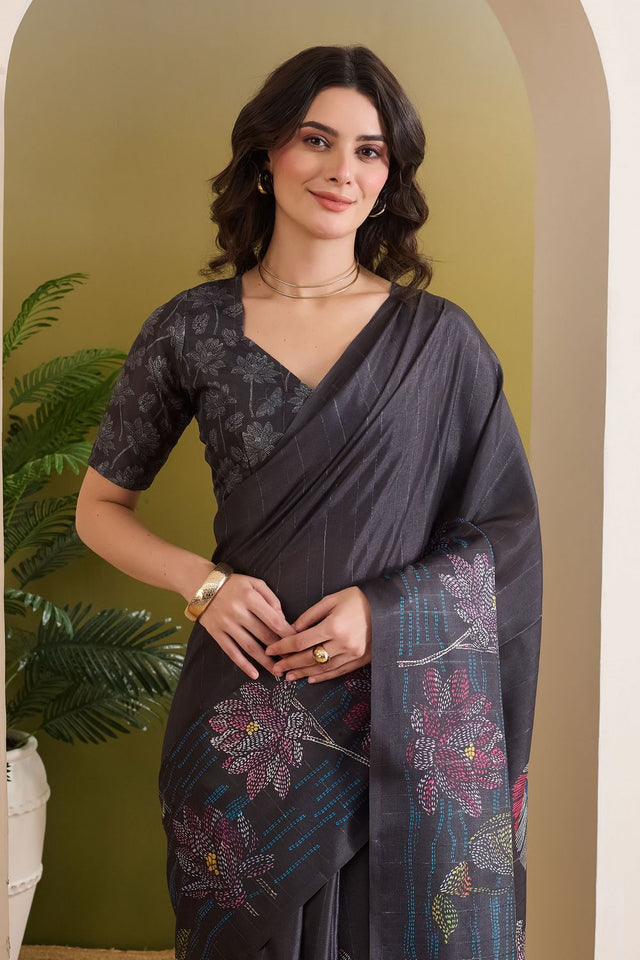 Black Floral Printed Silk Blend Ready to Wear Saree (ACB1839)