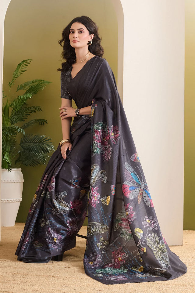 Black Floral Printed Silk Blend Ready to Wear Saree (ACB1839)