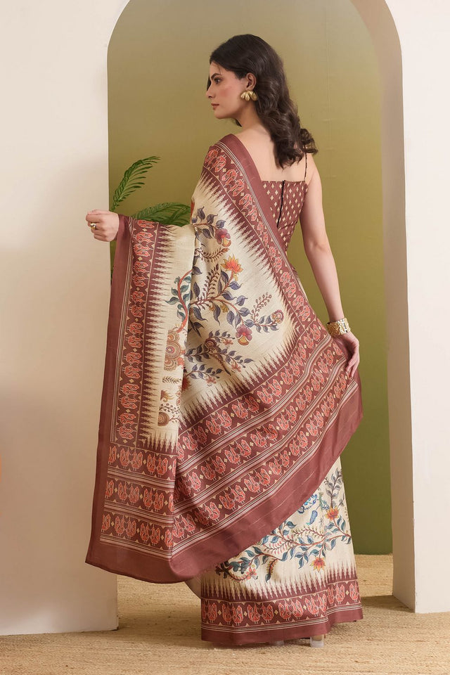 Cream Floral Printed Silk Blend Ready to Wear Saree (ACB1840)