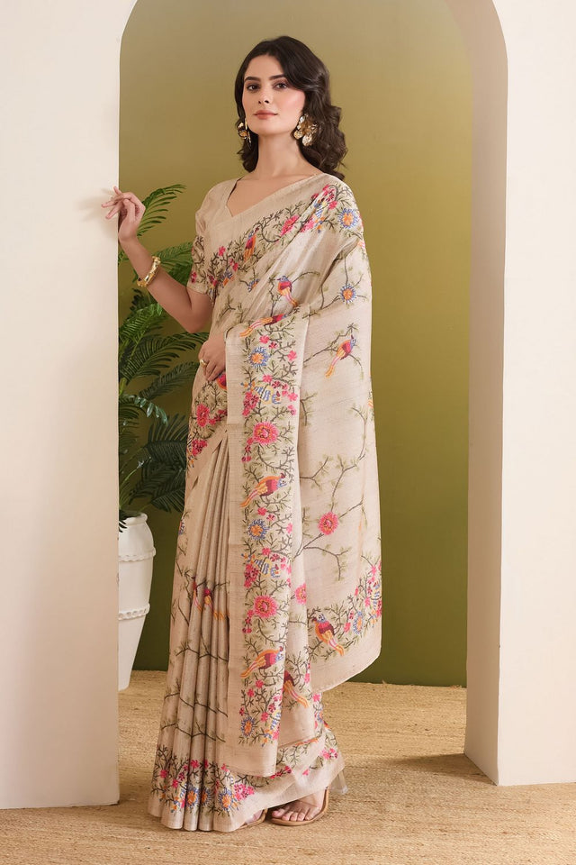Cream Floral Printed Silk Blend Ready to Wear Saree (ACB1842)