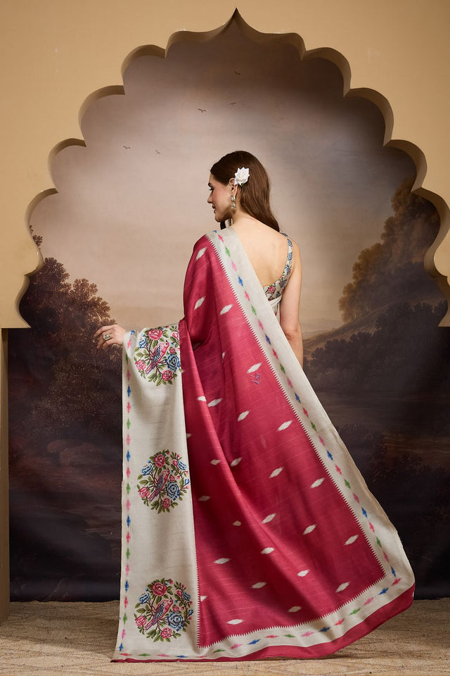Red Floral Printed Silk Blend Ready to Wear Saree (ACB1843)