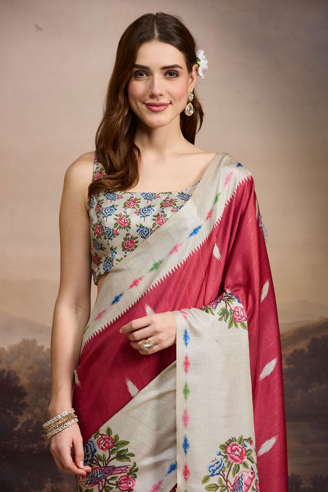 Red Floral Printed Silk Blend Ready to Wear Saree (ACB1843)