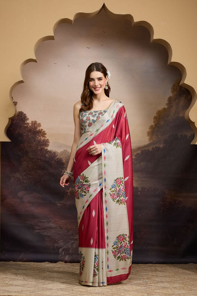Red Floral Printed Silk Blend Ready to Wear Saree (ACB1843)