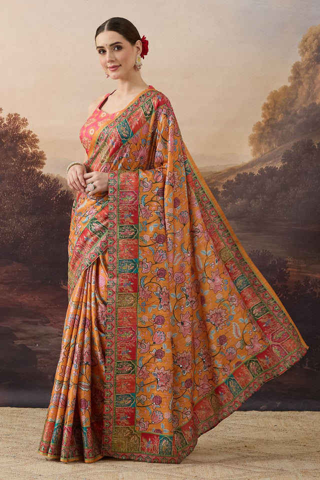 Orange Printed Organza Ready to Wear Saree (ACB1844)