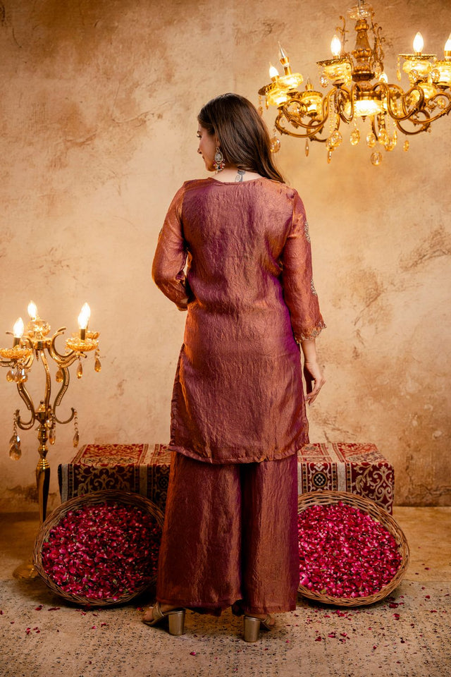 Rust Sequin with Embroidered Silk Palazzo Suit (ACB1848)