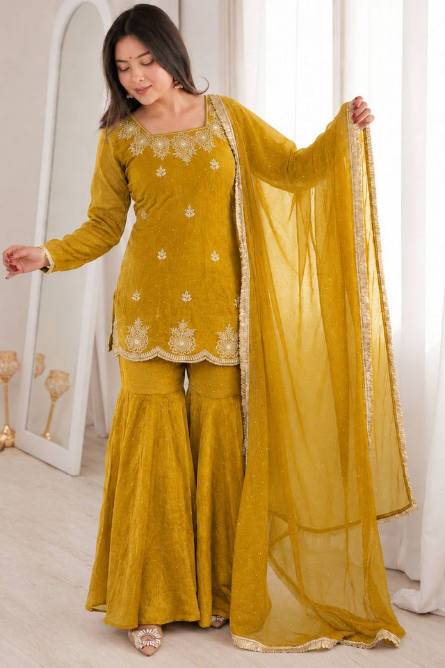 Mustard Floral Embroidered Silk Sharara Suit (ACB1849)