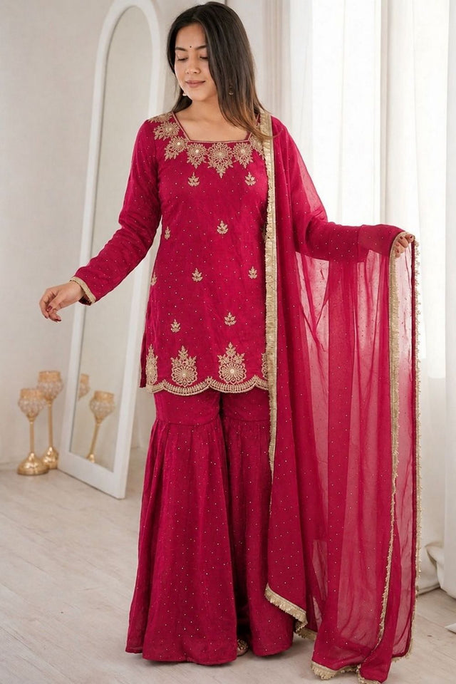 Pink Floral Embroidered Silk Sharara Suit (ACB1850)