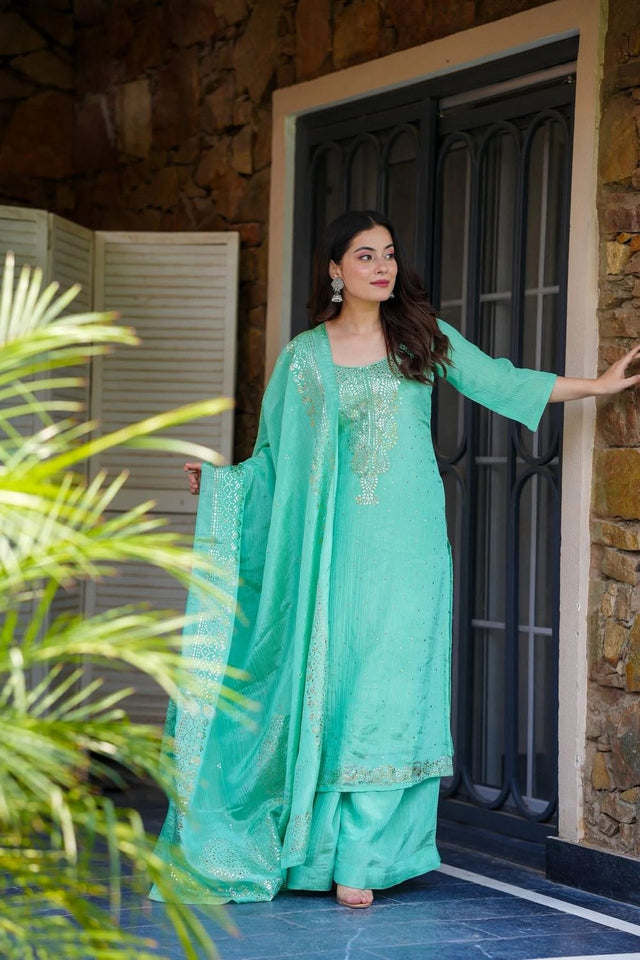 Turquoise Foil Work Chinon Palazzo Suit (ACB1852)