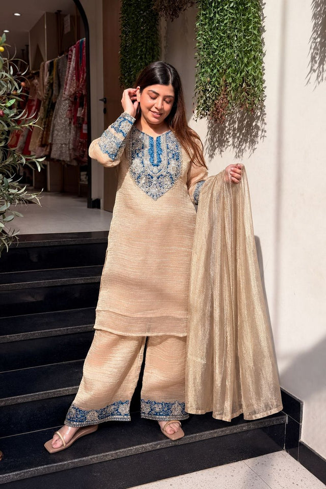 Cream Embroidered Tissue Palazzo Suit (ACB1857)
